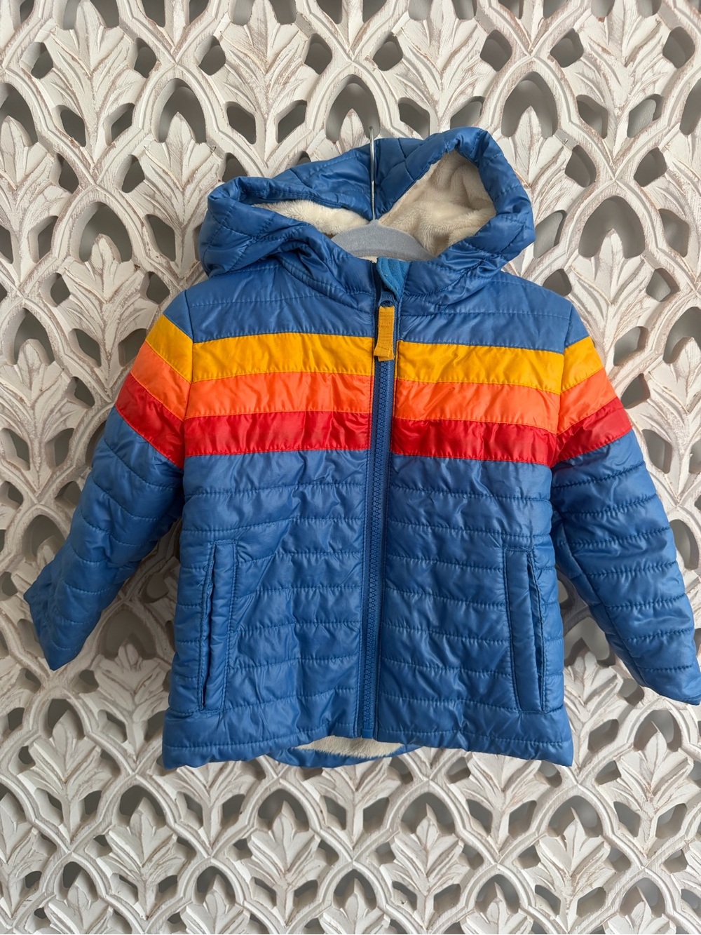 Cat & Jack Toddler Puffer Jacket 18M Blue Retro Stripe Sherpa Lined